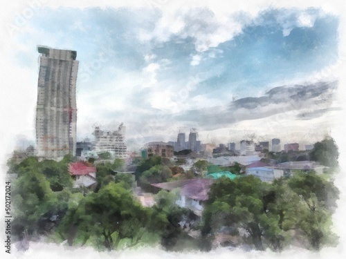 Bangkok landscape of Thailand watercolor style illustration impressionist painting.