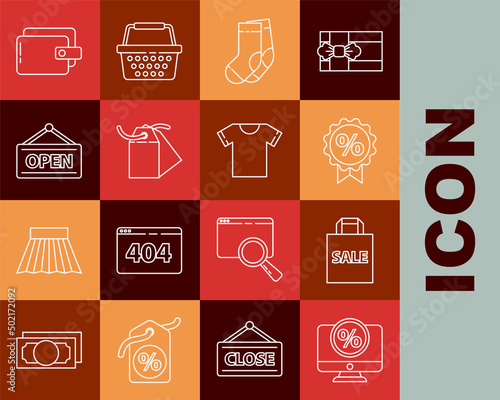 Set line Percent discount and monitor, Shoping bag with Sale, Discount percent tag, Socks, Blank label template price, Hanging sign Open, Wallet and T-shirt icon. Vector