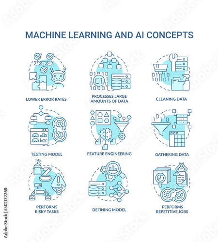 Machine learning and AI turquoise concept icons set. Artificial intelligence advantages idea thin line color illustrations. Isolated symbols. Editable stroke. Roboto-Medium, Myriad Pro-Bold fonts used