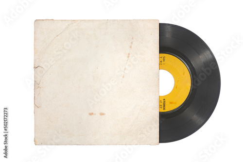 Single 45rpm vinyl record with envelope on white background