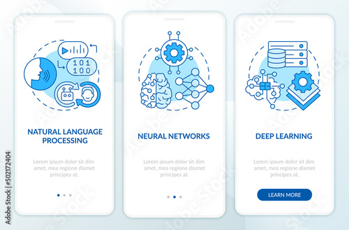 Fields of machine learning blue onboarding mobile app screen. Walkthrough 3 steps graphic instructions pages with linear concepts. UI, UX, GUI template. Myriad Pro-Bold, Regular fonts used