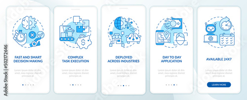 Artificial intelligence strengths blue onboarding mobile app screen. Walkthrough 5 steps graphic instructions pages with linear concepts. UI, UX, GUI template. Myriad Pro-Bold, Regular fonts used