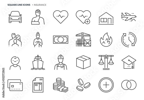 Insurance related, pixel perfect, editable stroke, up scalable square line vector icon set.