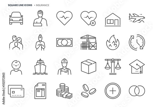 Insurance related  pixel perfect  editable stroke  up scalable square line vector icon set.