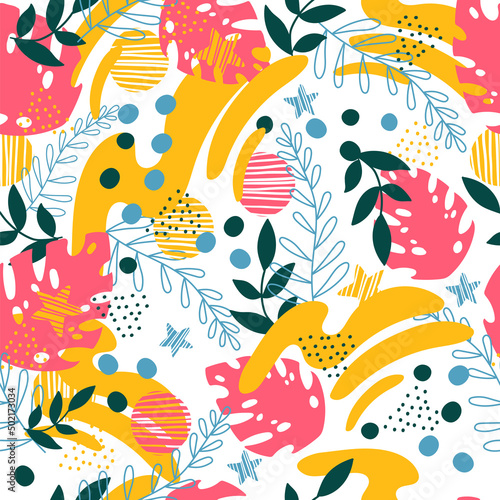 Seamless pattern abstract exotic plants and flowers in trendy colors