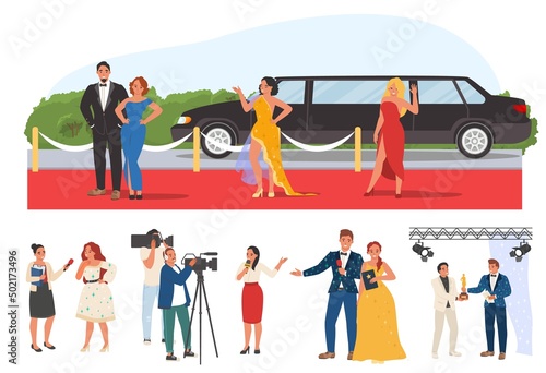 Film awards set vector celebrities on red carpet