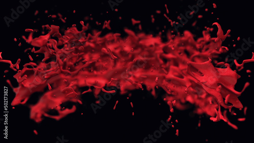 Abstract animation of blood blots. Bloody red liquid in flight on black background. 3D animation of red liquid slowly rotating and splashing changes in space