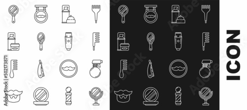 Set line Round makeup mirror, Hairdresser pistol spray bottle, Hairbrush, Shaving gel foam, Hand, and Electrical hair clipper shaver icon. Vector