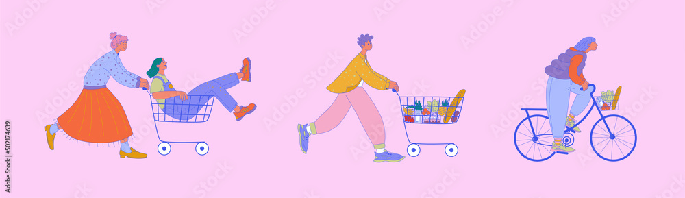 Fototapeta premium Grocery store shoppers with basket
