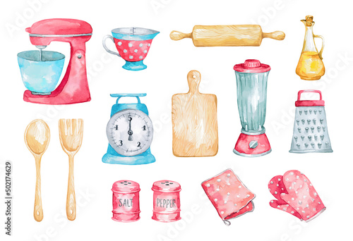 Set of watercolor retro kitchen utensils