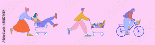 Grocery store shoppers with basket
