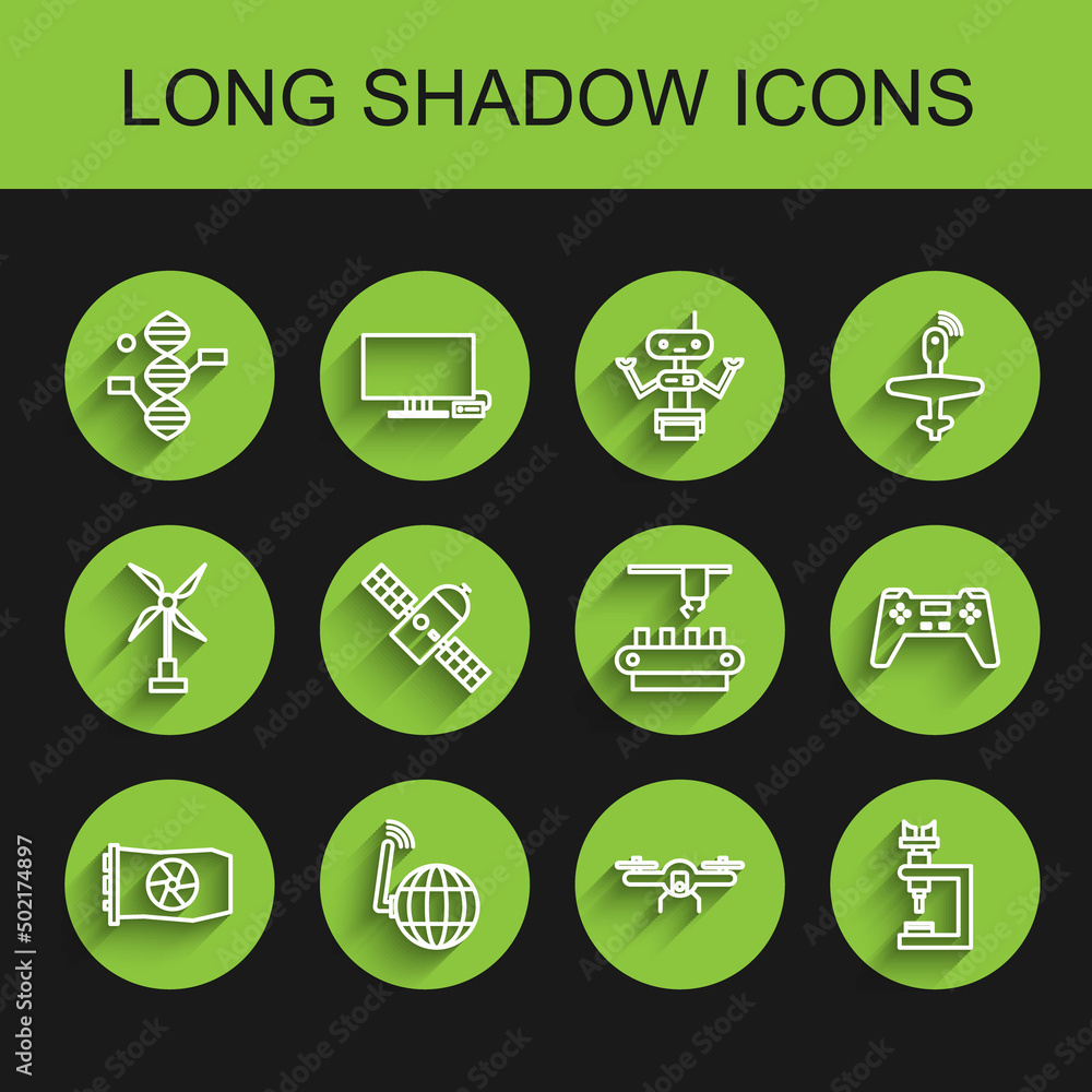 Set line Video graphic card, Social network, DNA symbol, Drone flying, Microscope, Satellite, Gamepad and Factory conveyor system belt icon. Vector Set line Video graphic card, Social network, DNA symbol, Drone flying, Microscope, Satellite, Gamepad and Factory conveyor system belt icon. Vector