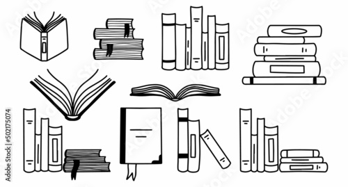 Set of Books in doodle style. Stacks of Books. World Book Day. Vector illustration.