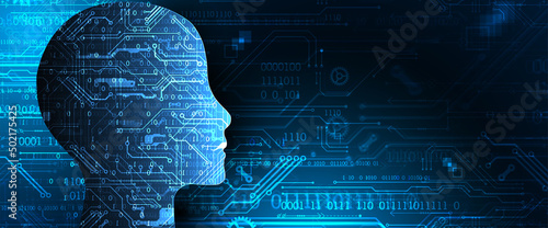 Artificial Intelligence. Technical background with a silhouette of a man. Big data concept. Machine cyber mind.