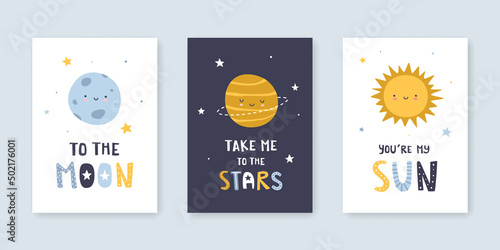 Set of nursery poster with cute planets and lettering. Space collection of scandinavian prints for wall art.