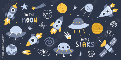 Cute outer space set. Cosmic scandinavian vector collection. Doodle spaceships stickers bundle.