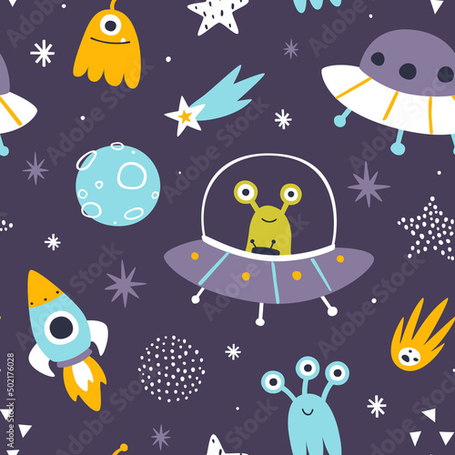 Cute space adventure pattern with aliens on the ufo. Funny seamless cosmic print for baby textile and nursery fabric.