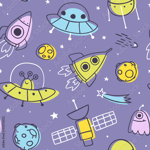 Outline doodle violet space pattern. Cosmic seamless print with spaceship and aliens for kids.