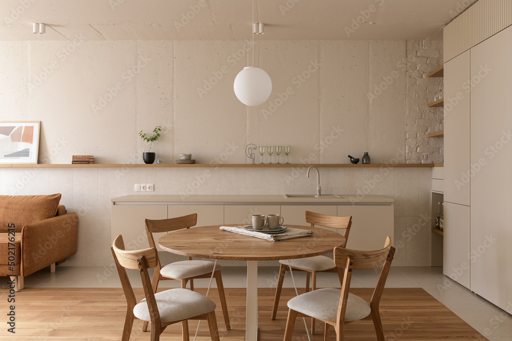 modern beige kitchen interior with kitchen accessories, loft style