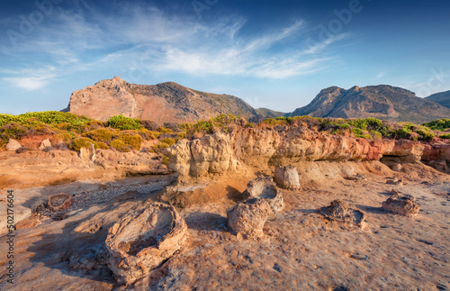 Superb summer view of popular tourist destination - Geopark of Agios Nikolaos, also known as Petrified Forest. Gorgeous morning scene of Peloponnese, Greece, Europe.