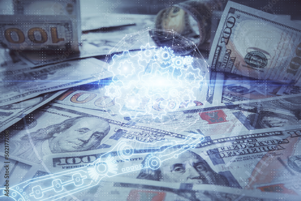 Double exposure of data theme drawing over us dollars bill background. Technology concept. Double exposure of data theme drawing over us dollars bill background. Technology concept.