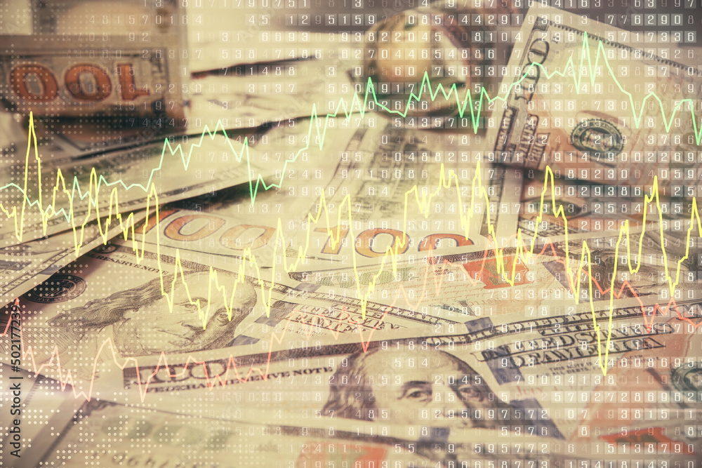 Multi exposure of forex chart drawing over us dollars bill background. Concept of financial success markets. Multi exposure of forex chart drawing over us dollars bill background. Concept of financial success markets.