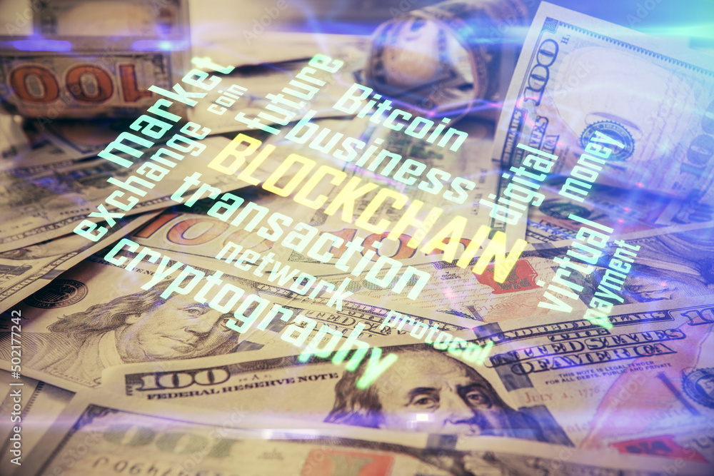 Multi exposure of crypto theme drawing over us dollars bill background. Concept of blockchain success. Multi exposure of crypto theme drawing over us dollars bill background. Concept of blockchain success.
