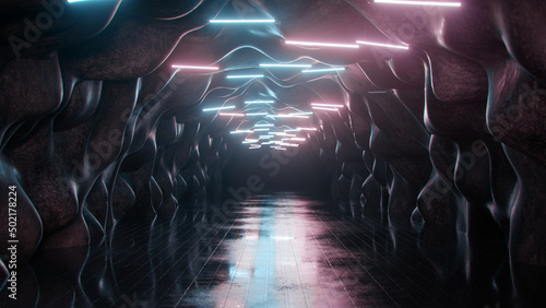 Deserted tunnel with fluorescent lamps 3D rendering illustration