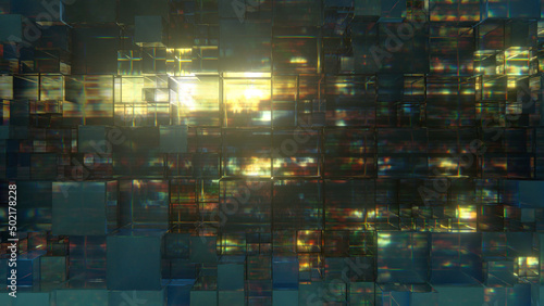 Glass cubes and glitch background 3D render