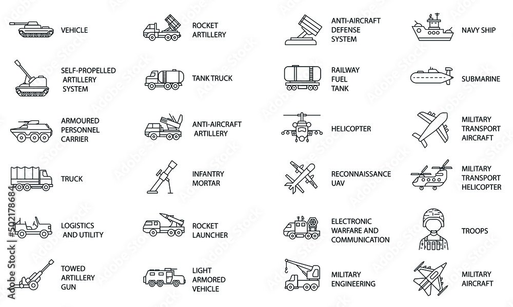 set of 24 outline army web icons. military vehicles,  planes and boats. - obrazy, fototapety, plakaty 