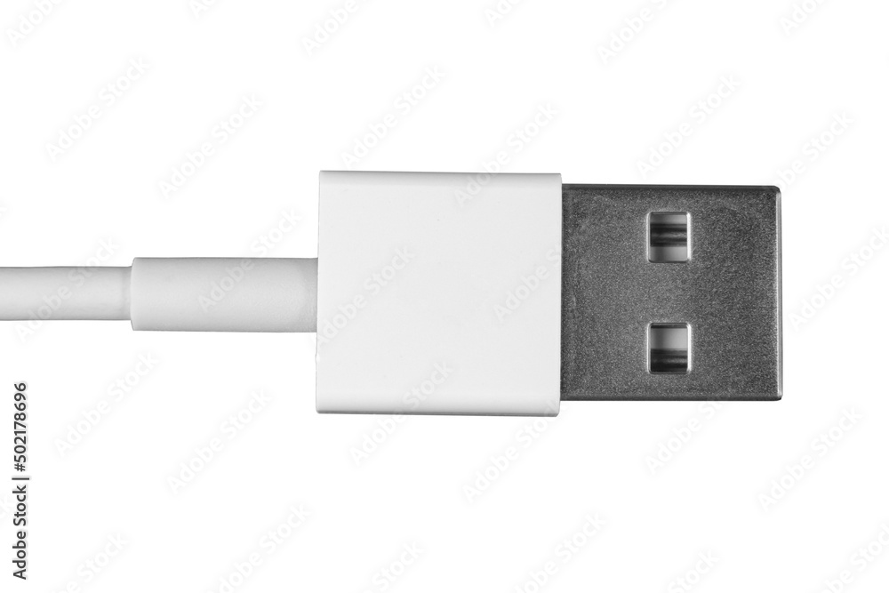 USB connector on white isolated, close-up, top view. USB connector on white isolated, close-up, top view.