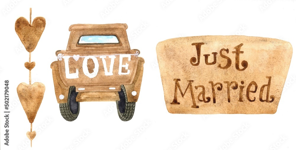 watercolor illustration of a brown plaque with the inscription Just Married, a car with the inscription Love and hearts on a thread. Hand-drawn wedding card watercolor illustration of a brown plaque with the inscription Just Married, a car with the inscription Love and hearts on a thread. Hand-drawn wedding card