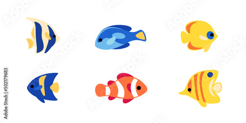 Group of fishes - coral fishes isolated on white background. Clown fish, butterfly fish, fish surgeon, moorish idol fish, arabic angelfish and yellow coral fish. Vector illustration in colorful style.