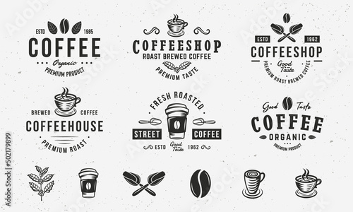 Vintage hipster logo templates and 6 design elements for coffee business. Cafe, Restaurant, Coffee Shop emblems templates. Scoops, Bean, Coffee branch, Cups icons.Vector illustration