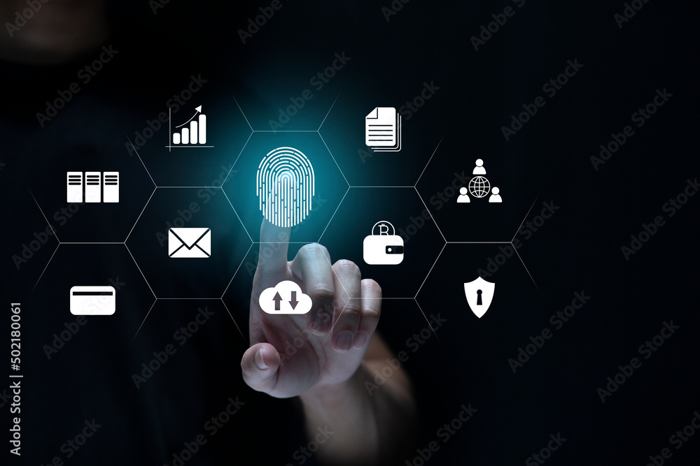 Person touching virtual screen to scan fingerprints, digital transformation management concept. Internet of Things, Big Data and Business Processes, Automation, Storage Systems, Cloud Computing Person touching virtual screen to scan fingerprints, digital transformation management concept. Internet of Things, Big Data and Business Processes, Automation, Storage Systems, Cloud Computing