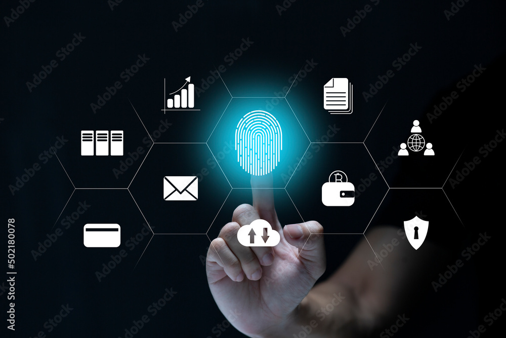 Person touching virtual screen to scan fingerprints, digital transformation management concept. Internet of Things, Big Data and Business Processes, Automation, Storage Systems, Cloud Computing Person touching virtual screen to scan fingerprints, digital transformation management concept. Internet of Things, Big Data and Business Processes, Automation, Storage Systems, Cloud Computing