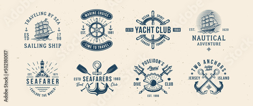 Nautical, Sea logo set. 8 Marine emblems with Anchor, Ship, Wheel icons. Hipster Design. Marine, Sea labels. Emblem, poster templates. Vector illustration photo