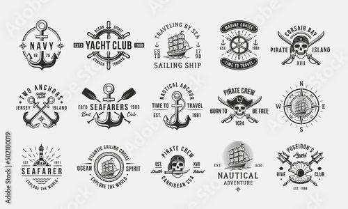Vintage logo set with marine elements. 15 Nautical emblems. Hipster Design. Pirates, Sea labels. Vector illustration