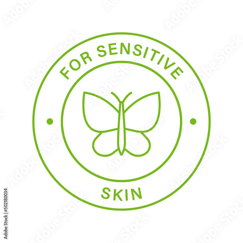 Dermatology for Sensitive Skin Line Green Stamp. Tested for Hypoallergenic Type of Face Skin Outline Sticker. Dermatologically Label. Butterfly Symbol of Sensitive Skin. Isolated Vector Illustration