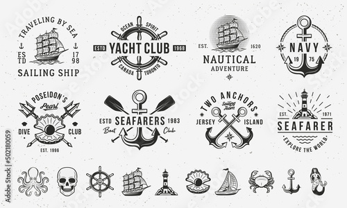 Vintage hipster logo templates and 10 design elements for Nautical emblems. Nautical, Sea, Marine emblems templates. Octopus, Sea Ship, Anchor, Crab icons.Vector illustration