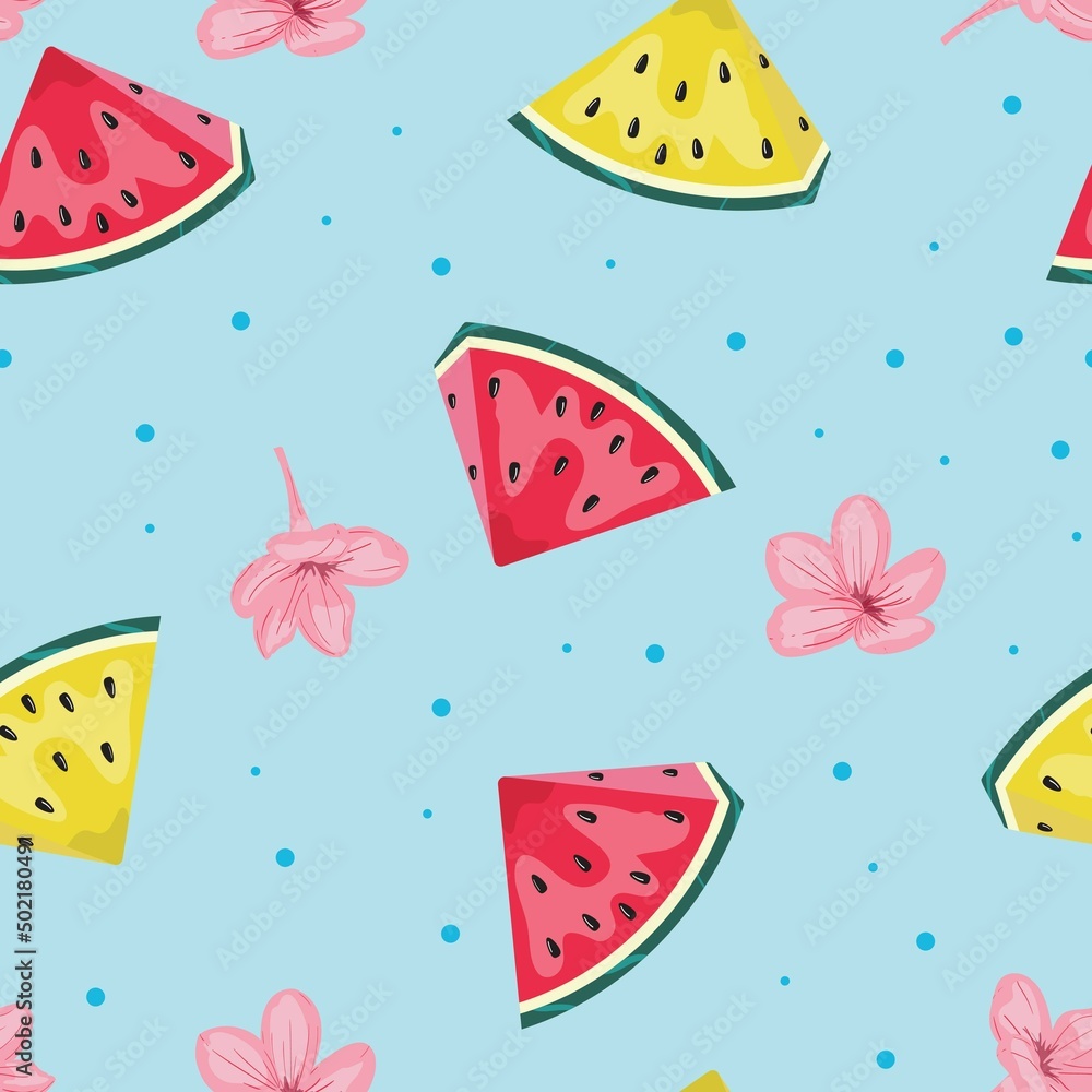 Watermelon seamless pattern with a blue background. Watermelon seamless pattern with a blue background.
