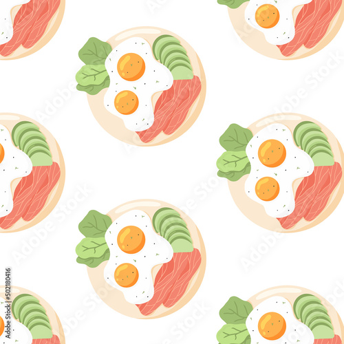 Pattern with fried eggs. Seamless pattern with scrambled eggs and fish on a plate. Vector illustration in cartoon style.