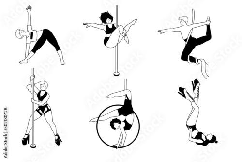 Set of various acrobatic and dance styles. Pole dance, aerial silks and hoop, flexibility and stretch, exotic floorwork. Modern studio. Diversity characters, body shapes.