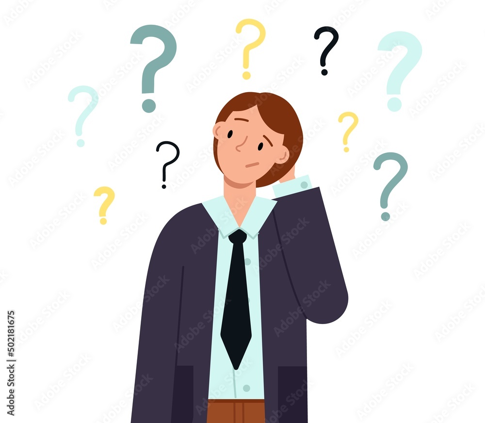 Man doubt. Office male choose decision, making plan. Businessman thinking career goal. Mind question or dilemma, find riddle solution, decent vector concept Man doubt. Office male choose decision, making plan. Businessman thinking career goal. Mind question or dilemma, find riddle solution, decent vector concept