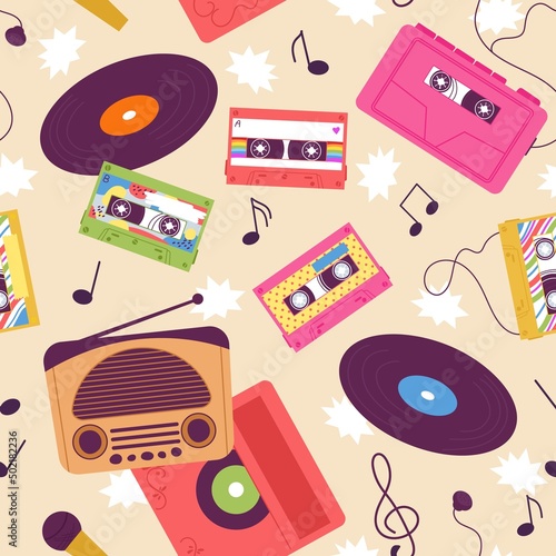 Retro music print. Doodle cassette with tape and 90s style headphones. Musical player and record for gramophone, vintage bright decent vector pop seamless pattern