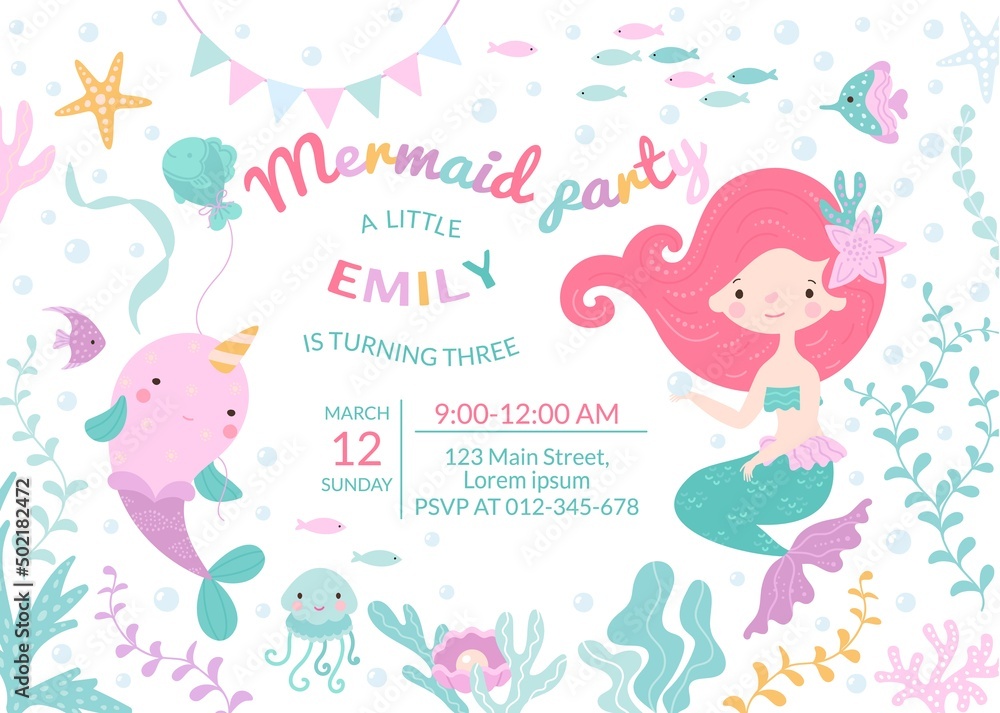 Mermaid birthday party for baby poster template. Cartoon cute girls invite, sea fish and underwater tale world elements. Little princess nowaday vector background - obrazy, fototapety, plakaty 