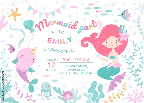 Mermaid birthday party for baby poster template. Cartoon cute girls invite, sea fish and underwater tale world elements. Little princess nowaday vector background