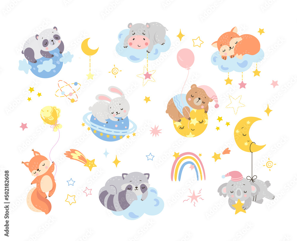 Cartoon animal sleep. Baby cute animals sleeping and hugging cloud moon  planet. Wizard forest characters, child room funny decor. Night dream  nowaday vector bundle Stock Vector | Adobe Stock
