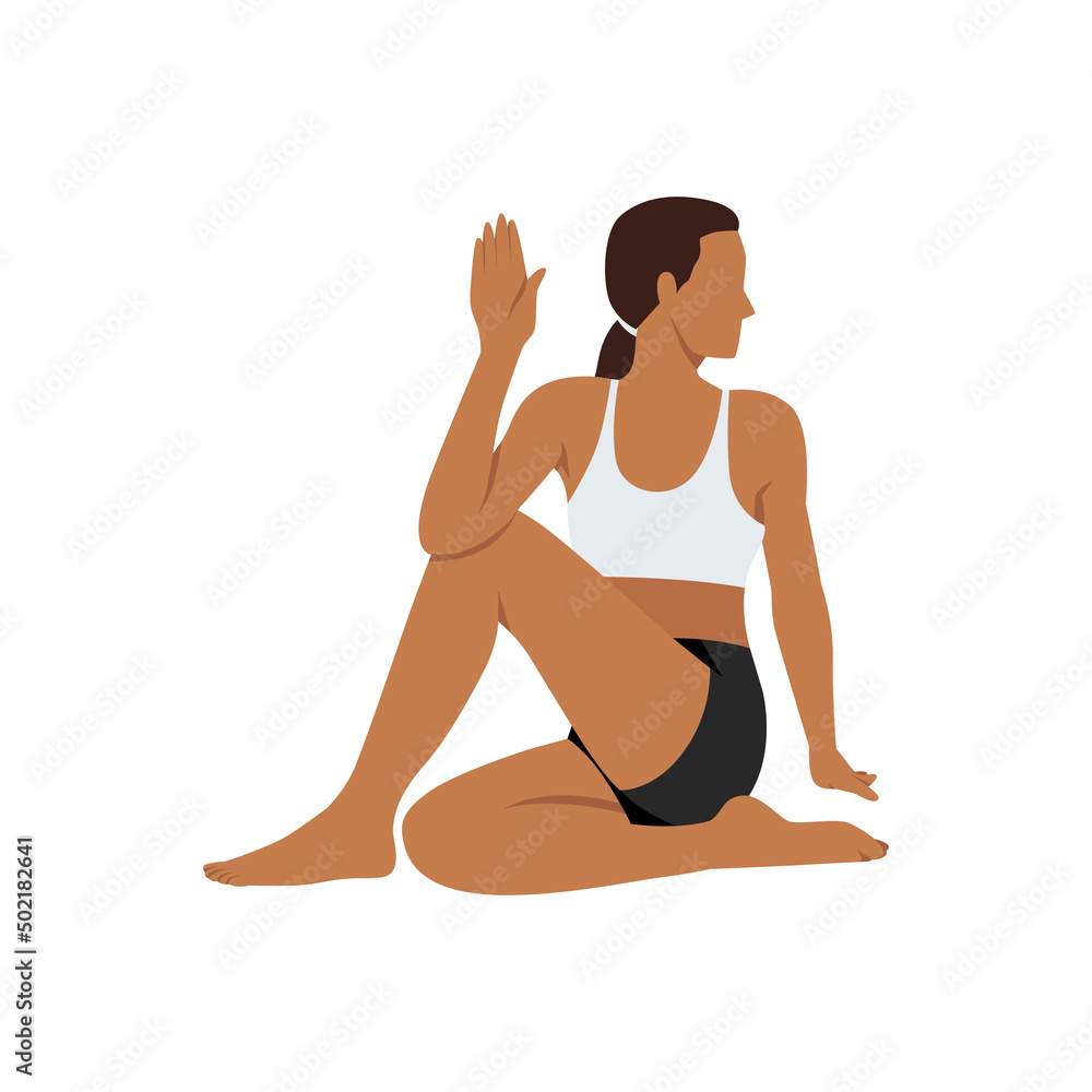 Woman doing half lord of the fishes ardha matsyendrasana exercise. Flat vector illustration isolated on white background Woman doing half lord of the fishes ardha matsyendrasana exercise. Flat vector illustration isolated on white background