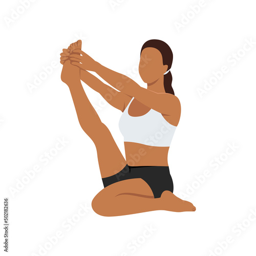 Woman doing heron pose krounchasana exercise. Flat vector illustration isolated on white background 